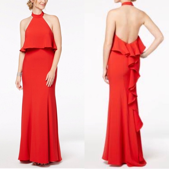 Xscape Dresses & Skirts - EUC Xscape Halter Popover Ruffle Open Back Dress